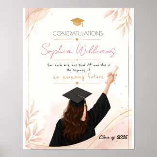 Poster Carte de fin d'études élégante rose gold et fleurs