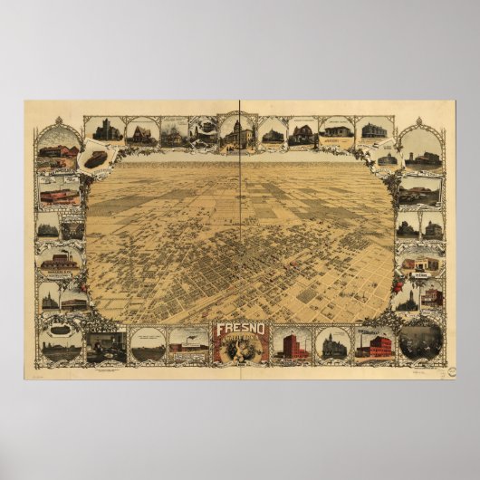 Poster Carte de Fresno, Oiseaux-Vue, 1901 (Devant)