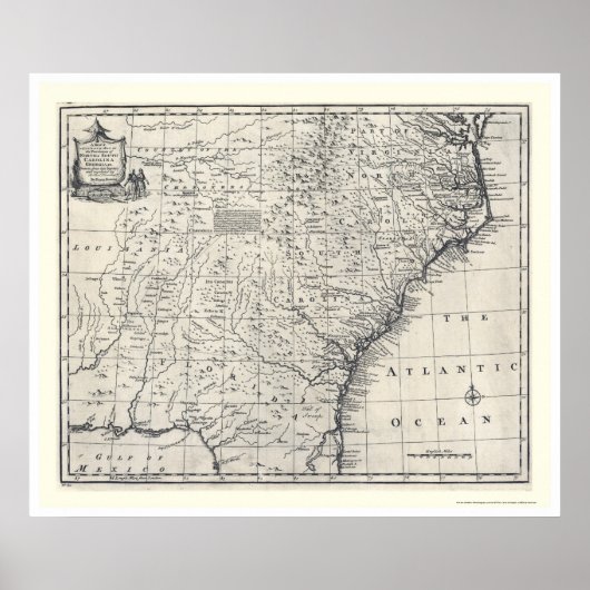 Poster Carte de Géorgie et Carolinas par Bowen 1752 (Devant)