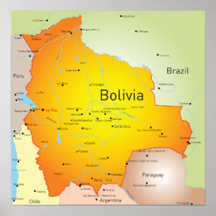 Poster Carte de la Bolivie avec les villes et les frontiè