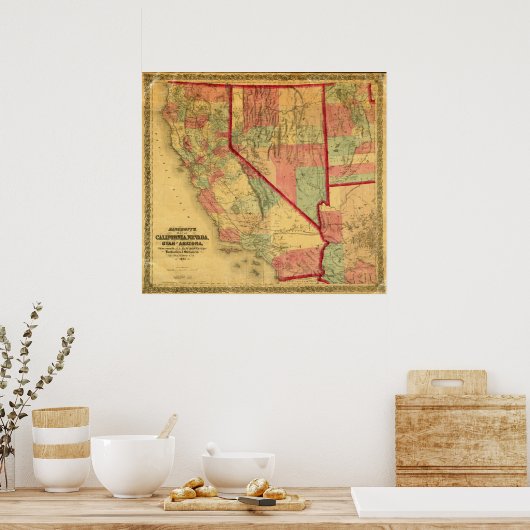 Poster Carte de la Californie, Nevada, Utah (Cuisine)