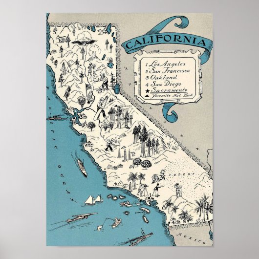 Poster Carte de la Californie vintage (Devant)