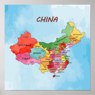 Poster Carte de la Chine aquarelle