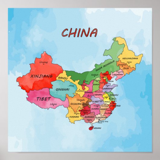 Poster Carte de la Chine aquarelle (Devant)
