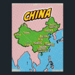 Poster Carte de la Chine illustrée par Pop Art<br><div class="desc">Pop Art Illustrated China asian map dans un magnifique style vintage usé.</div>