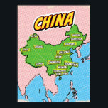 Poster Carte de la Chine illustrée par Pop Art<br><div class="desc">Pop Art Illustrated China asian map dans un magnifique style vintage usé.</div>