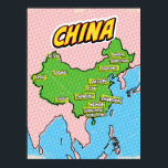 Poster Carte de la Chine illustrée par Pop Art<br><div class="desc">Pop Art Illustrated China asian map dans un magnifique style vintage usé.</div>