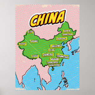 Poster Carte de la Chine illustrée par Pop Art