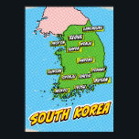 Poster Carte de la Corée du Sud illustrée par Pop Art<br><div class="desc">Une carte pop art de Corée du Sud avec un arrière - plan bleu vif et un motif pointillé.</div>