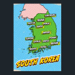Poster Carte de la Corée du Sud illustrée par Pop Art<br><div class="desc">Une carte pop art de Corée du Sud avec un arrière - plan bleu vif et un motif pointillé.</div>