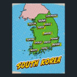 Poster Carte de la Corée du Sud illustrée par Pop Art<br><div class="desc">Une carte pop art de Corée du Sud avec un arrière - plan bleu vif et un motif pointillé.</div>