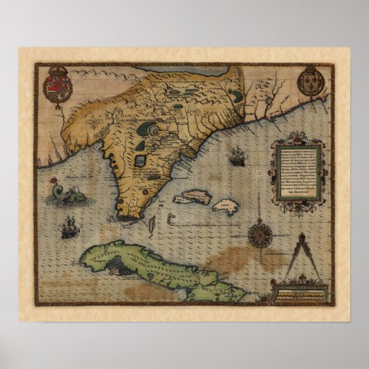 Poster Carte de la Floride et des Caraïbes (1588) (Devant)