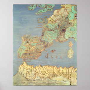 Poster Carte de la France, de l'Espagne et de l'Afrique