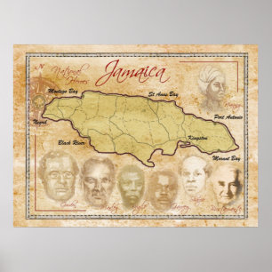 Poster Carte de la Jamaïque avec des héros nationaux
