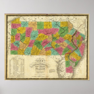 Poster Carte de la Pennsylvanie, du New Jersey et du Dela