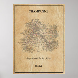 POSTER CARTE DE LA RÉGION DE CHAMPAGNE DE FRANCE 1852