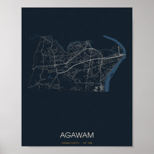 Poster Carte de la rue d'Agawam Massachusetts (Nuit)