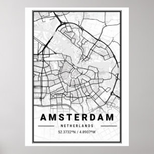 Poster Carte de la ville d'Amsterdam minimaliste noir et 