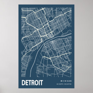 Poster Carte de la ville de Detroit Michigan Ligne Art Bl