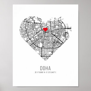 Poster Carte de la ville de Doha au coeur (Qatar)