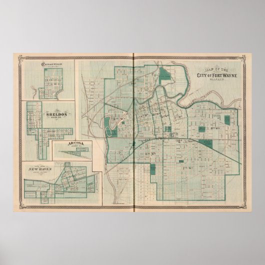 Poster Carte de la ville de Fort Wayne avec Cedarville (Devant)