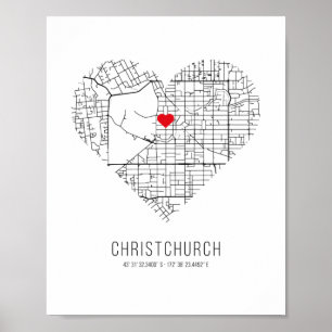 Poster Carte de la ville de Heart Christchurch (Nouvelle-