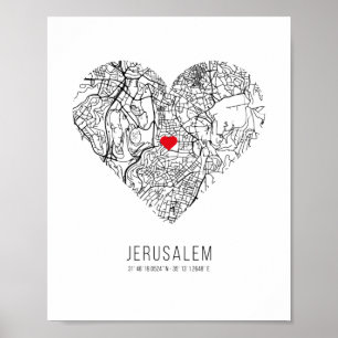 Poster Carte de la ville de Jérusalem du coeur (Israël)