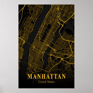 Poster Carte de la ville de Manhattan Gold NYC Urban Stre