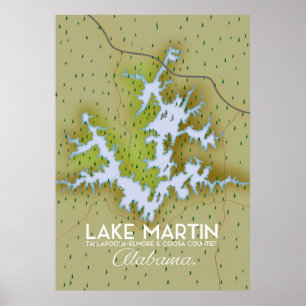 Poster Carte de l'affiche de voyage du lac Martin Alabama