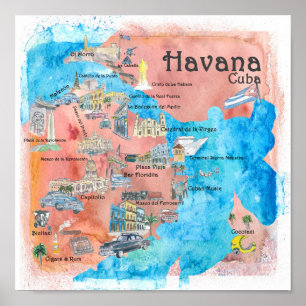 Poster Carte de l'affiche de voyage illustrée Havana Cuba