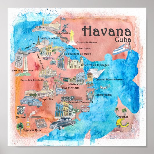 Poster Carte de l'affiche de voyage illustrée Havana Cuba (Devant)