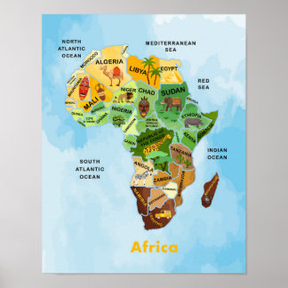 Poster Carte de l'Afrique aquarelle illustration