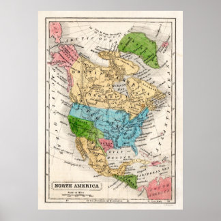 Poster Carte de l'Amérique du Nord 1846 avec la Républiqu