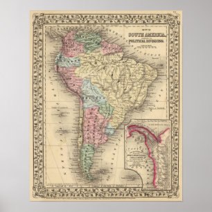 Poster Carte de l'Amérique du Sud par Mitchell