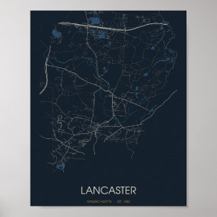 Poster Carte de Lancaster Massachusetts (de nuit)
