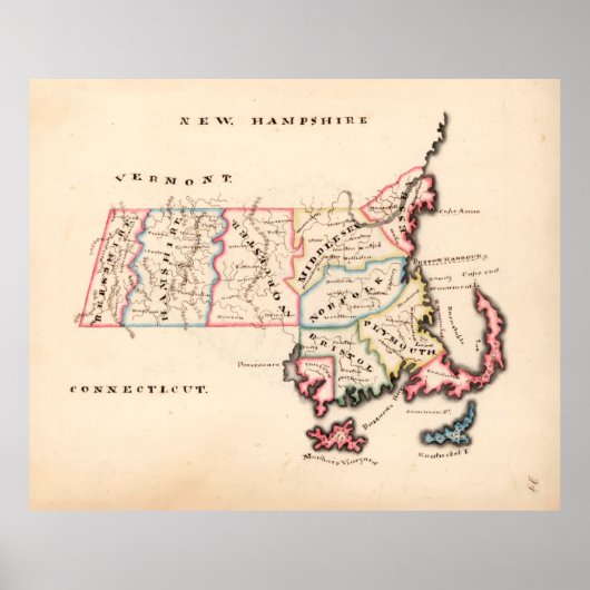 Poster Carte de l'ancien Massachusetts (1819) L'État de l (Devant)