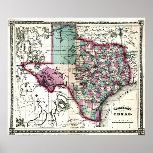 Poster Carte de l'ancien Texas de 1866 (Devant)