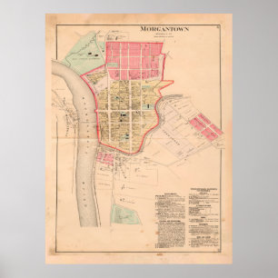 Poster Carte de l'ancienne ville de Morgantown (1886) Vin