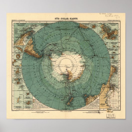 Poster Carte de l'Atlas antique Antarctique de 1912 (Devant)