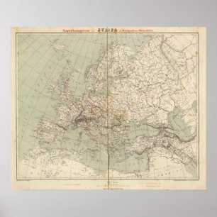 Poster Carte de l'Atlas européen montrant les chemins de
