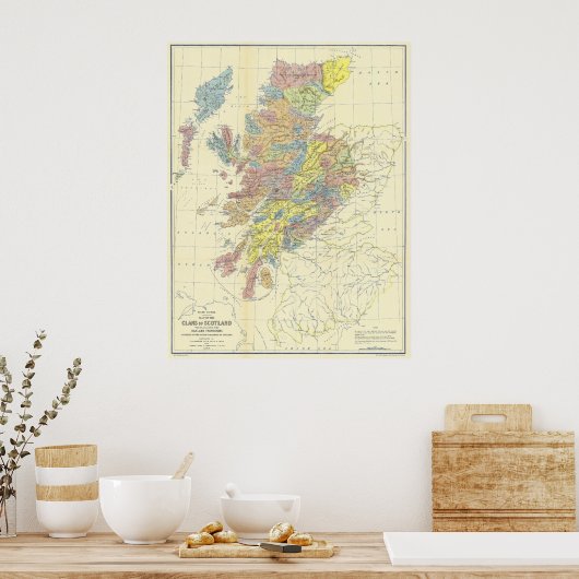 Poster Carte de l'Écosse en 1899 montrant Clans écossais (Cuisine)