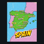 Poster Carte de l'Espagne illustrée par Pop Art<br><div class="desc">Pop Art Illustrated Espagne Carte européenne dans un style vintage et ancien.</div>