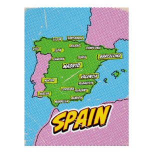 Poster Carte de l'Espagne illustrée par Pop Art