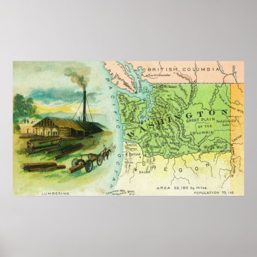 Poster Carte de l'État avec une scène de bûchage (Devant)