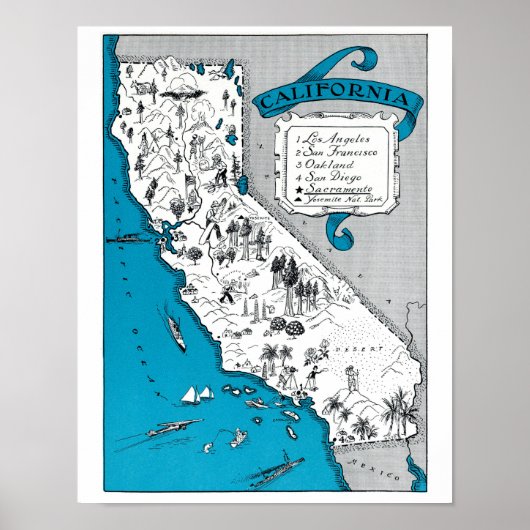 Poster Carte de l'état de Californie vintage Imprimer Déc (Devant)