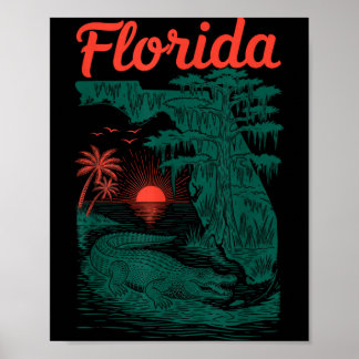 Poster Carte de l'État de Floride Alligator portant Rétro