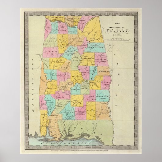Poster Carte de l'état de l'Alabama (Devant)