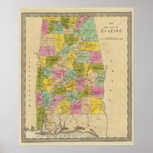 Poster Carte de l'état de l'Alabama (Devant)