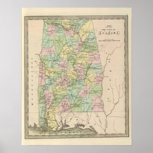 Poster Carte de l'état de l'Alabama 2 (Devant)