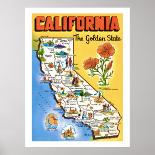 Poster Carte de l'État doré de Californie 18x24